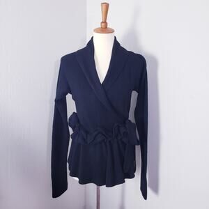 Sonia Rykiel Black Ribbed Wool Blend Knit Floral Ruffled Wrap Cardigan Sweater